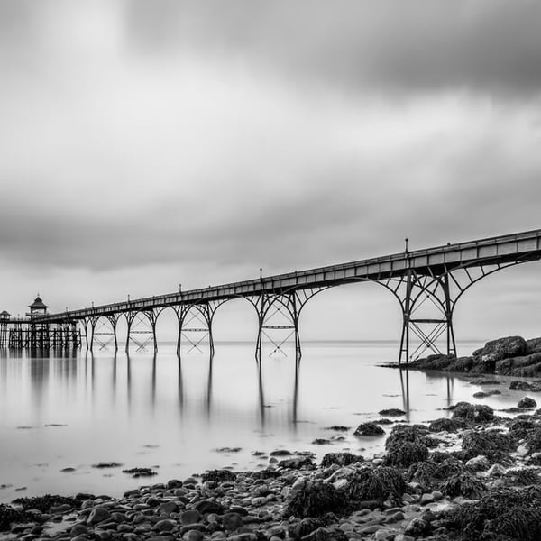 Clevedon Pier, Somerset - minimalist print of black & white photograph