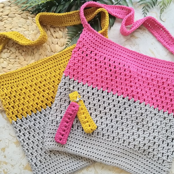 Crochet Market Bag, Book Bag, Shopping Bag Organic Cotton Free P&P