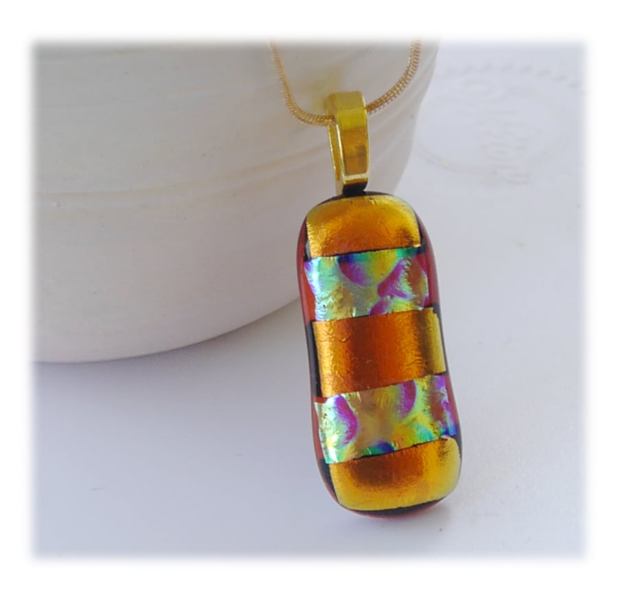 Gold Dichroic Glass Pendant 164 Red Aqua Stripe gold plated chain
