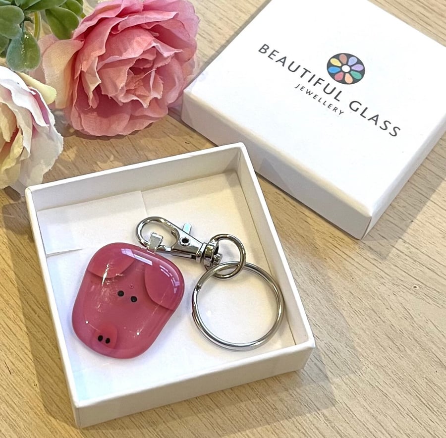 Pig keyring, farm animal lover gift, fused glass keepsake, cute present