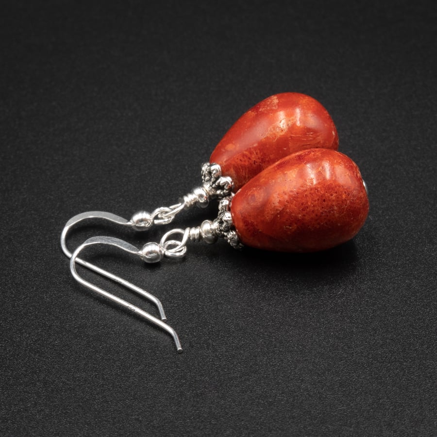 Sponge coral gemstone earrings, coral silver teardrop earrings.