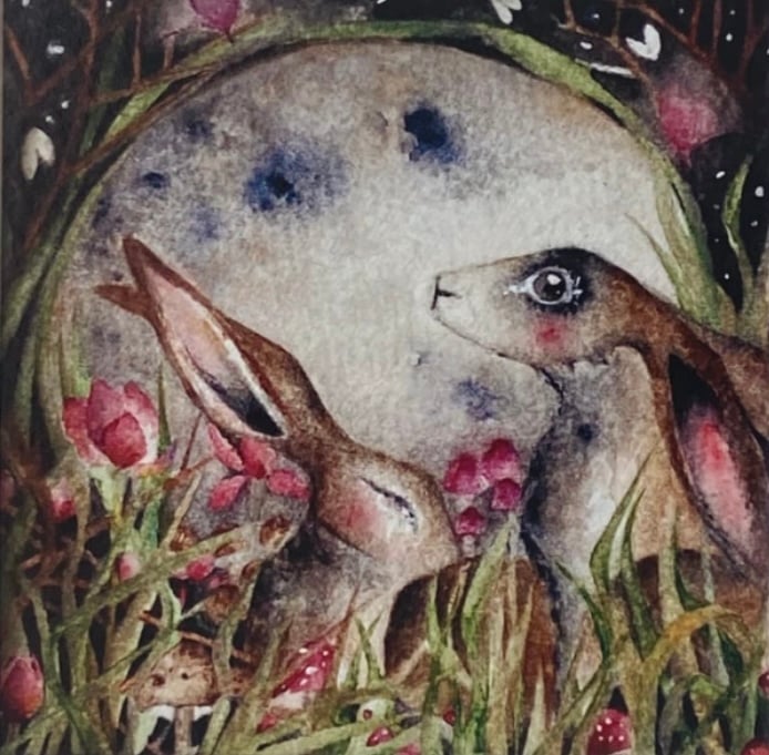 Print from my Original Moon Gazing Hares Rabbits  Watercolour Painting 