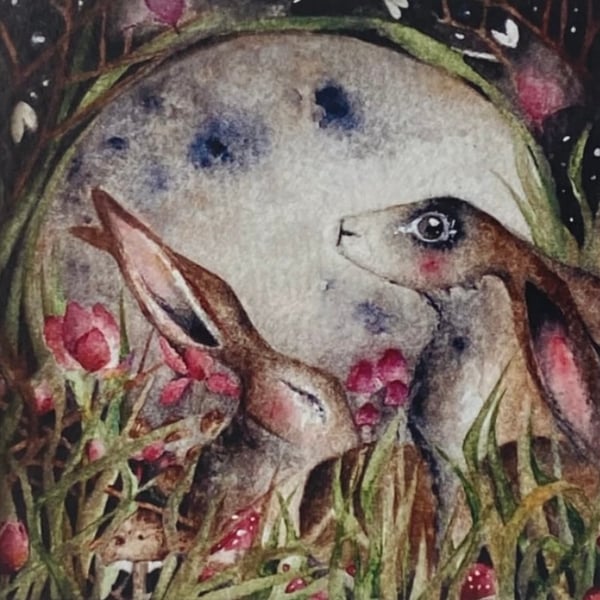 Print from my Original Moon Gazing Hares Rabbits  Watercolour Painting 