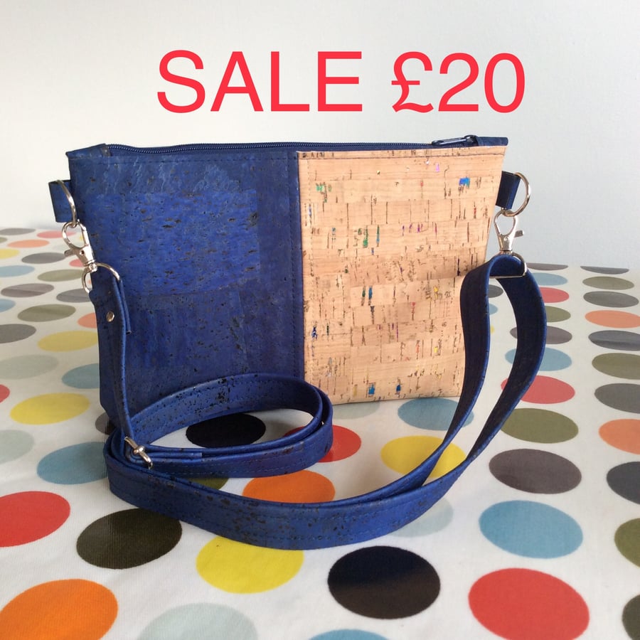 SALE. Cork shoulder bag, crossbody bag, twin colour, navy blue and multi flecked