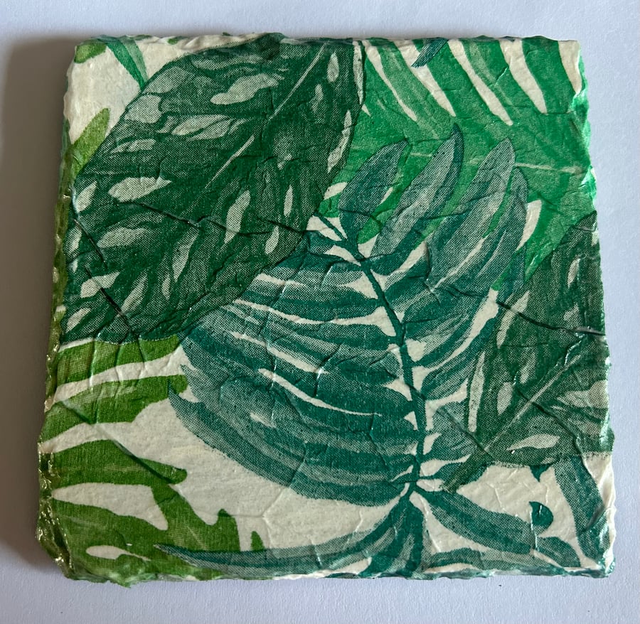 Set of 4 Handmade Decoupage Slate Coasters - Square Palm Leaves