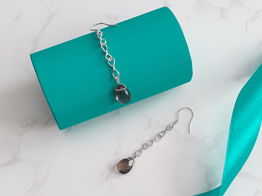 Handmade Sterling Silver Figure 8 Dangly Chain Earrings with Smokey Quartz Drops