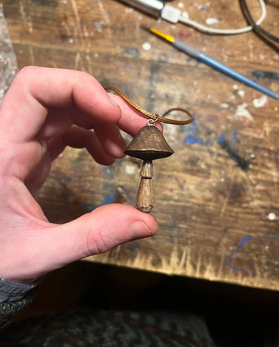Hand Carved Walnut Mushroom Pendant 