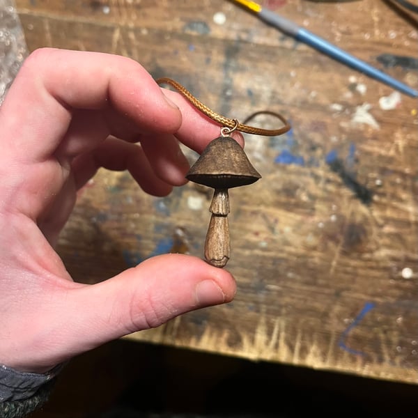 Hand Carved Walnut Mushroom Pendant 