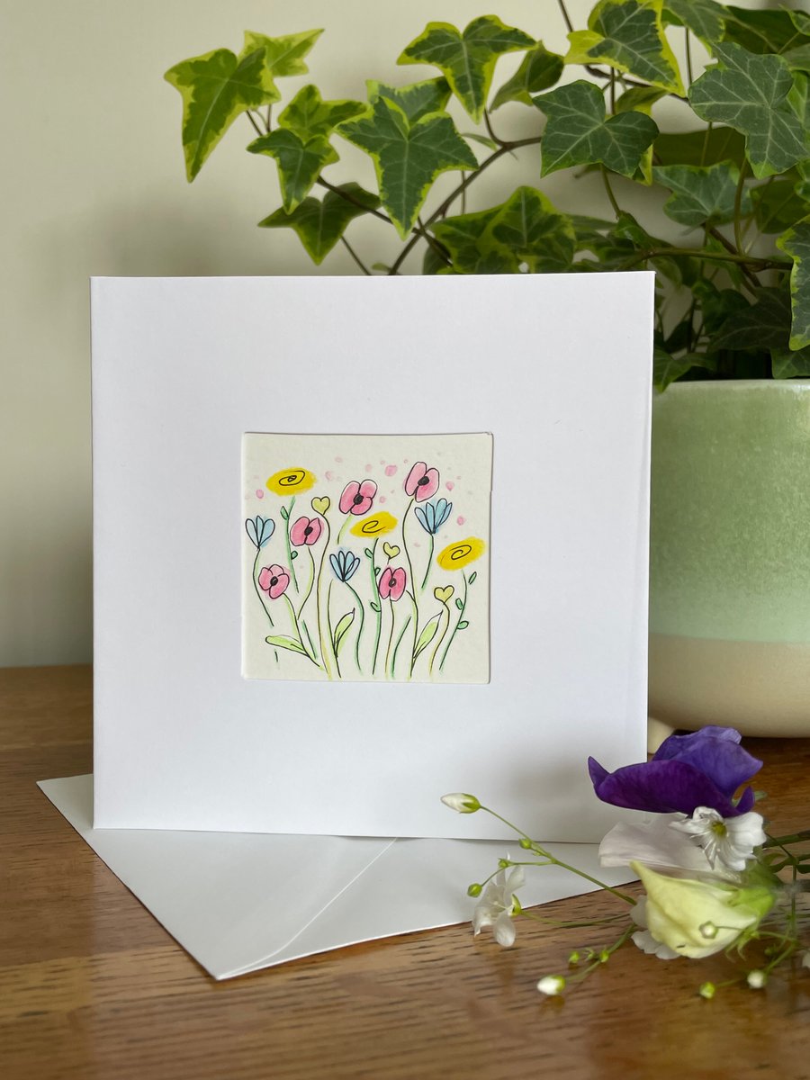 Card, hand painted floral card watercolour & ink flowers original art.