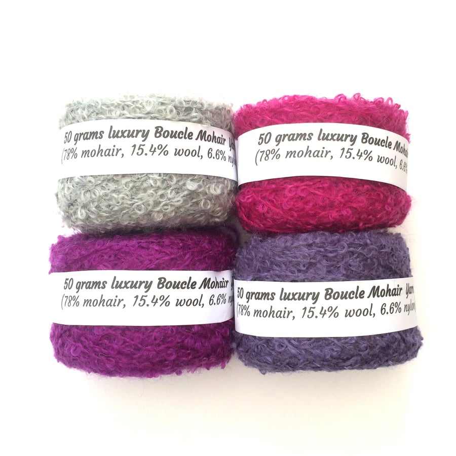 4 balls mohair boucle yarn in purple shades