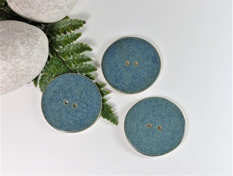 6cm  Big Handmade Ceramic Button - Bluey Green 6cm Buttons