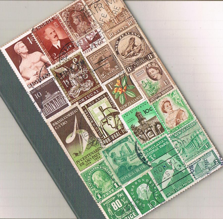 Brown-Green A6 Notebook - upcycled vintage world postage stamp collage, mail art
