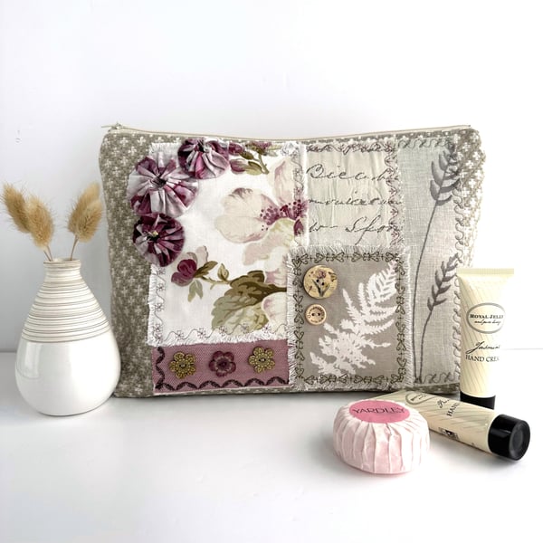 Botanical Toiletry Bag with Shabby Chic Fabric Patch Collage Design