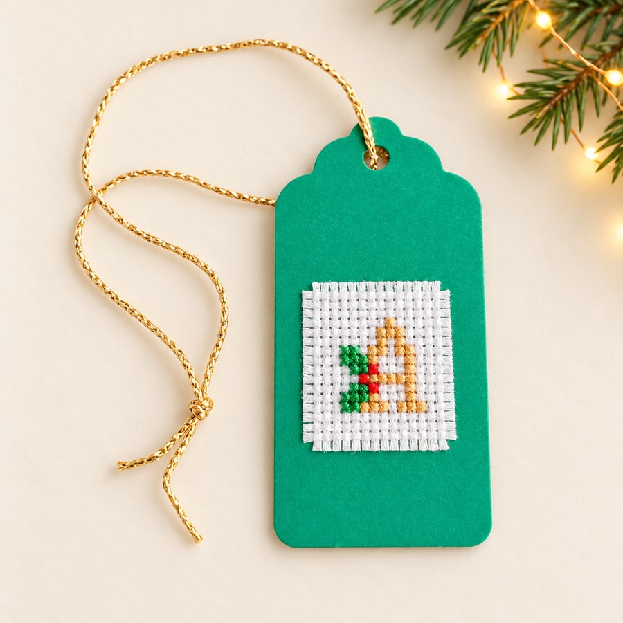 Hand-Stitched Christmas Initial Gift Tag with Holly