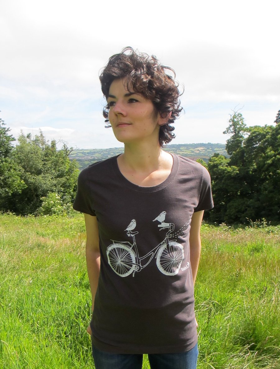 Womens hand screen printed organic T-shirt,Birds taking a ride on a bike, 