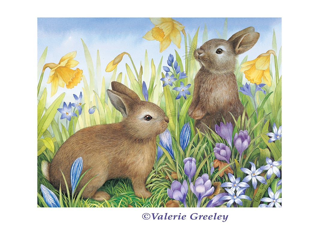 Rabbits with crocus print by Valerie Greeley