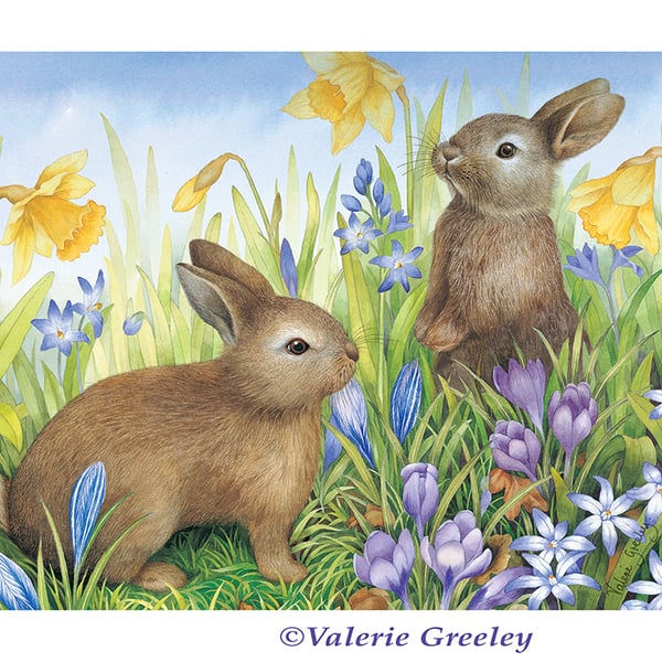 Rabbits with crocus print by Valerie Greeley