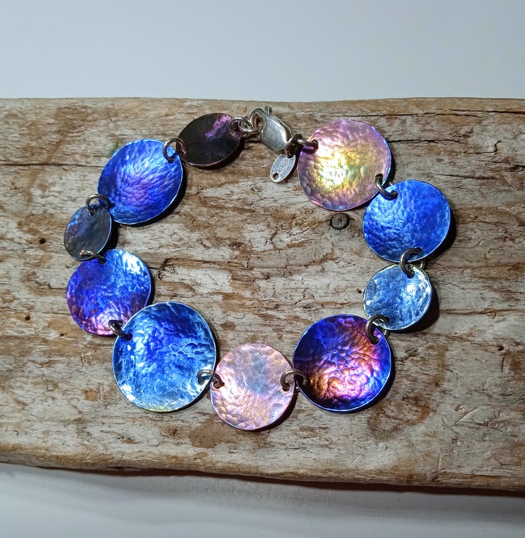  Handmade Coloured Titanium Disc and Sterling Silver Bracelet - UK Free Post