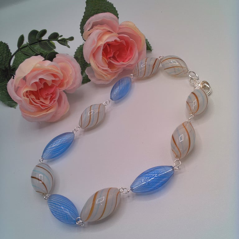 Blue and White Puffed Hollow Glass Beaded Necklace, Gift for Her, Necklace