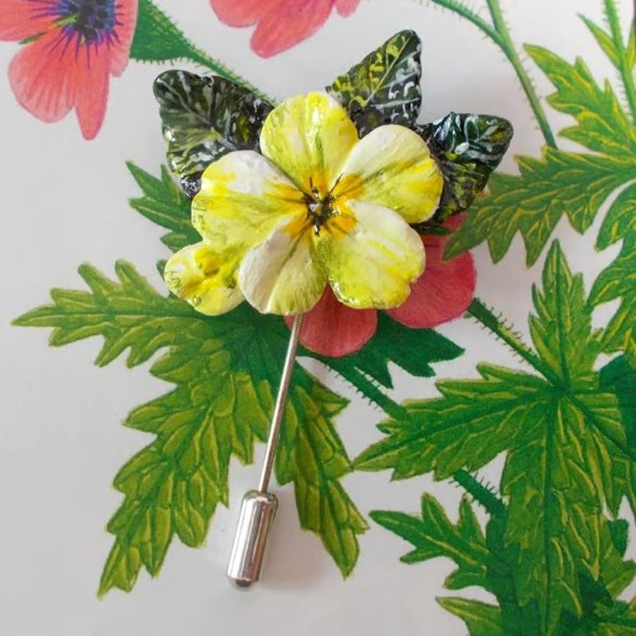Spring Yellow PRIMROSE PIN Wedding Lapel Flower Brooch HANDMADE HAND PAINTED