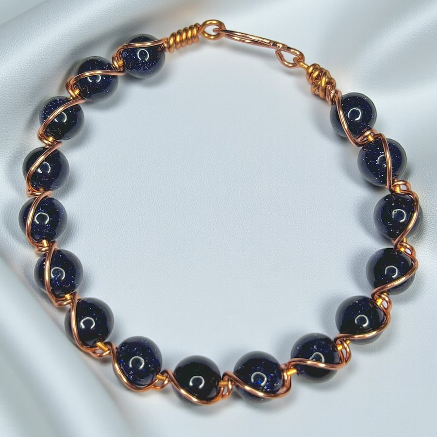 Blue Goldstone Bracelet Wire Wrapped with Copper,