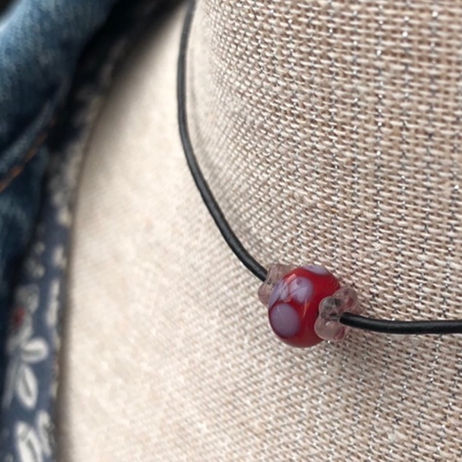 Red lampwork glass on black leather and sterling silver choker necklace