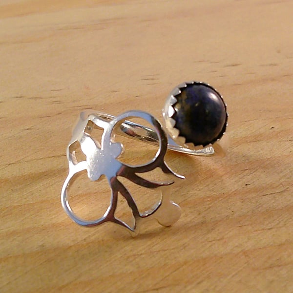 Upcycled Sterling Silver Owl Spoon Handle Adjustable Ring with Lapis Lazuli