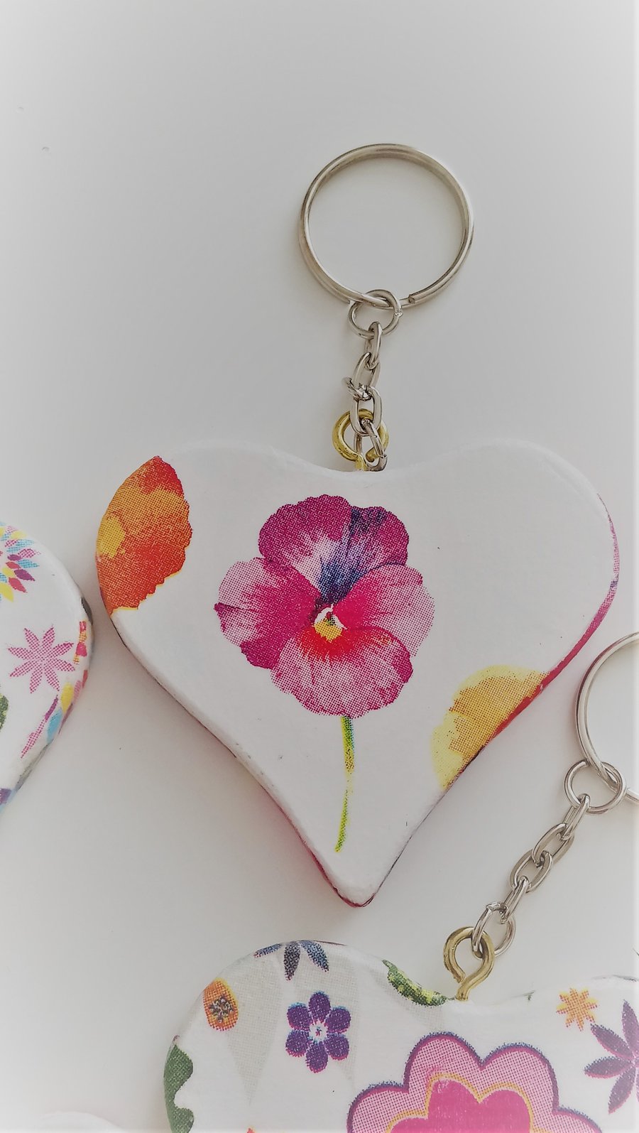 Handmade Decoupaged Heart Pansy Keyring