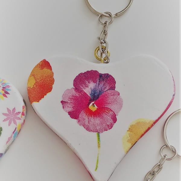 Handmade Decoupaged Heart Pansy Keyring