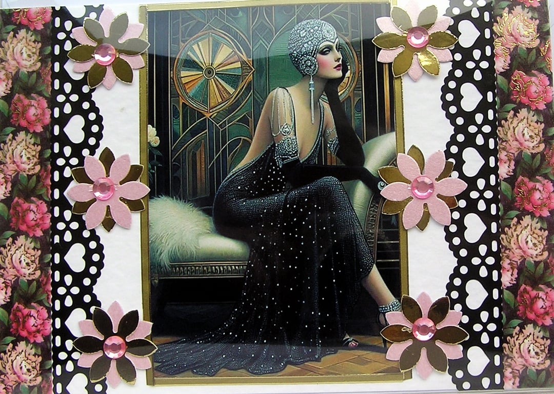 Art Deco Lady - Hand Crafted Decoupage Greeting Card - Blank 3004