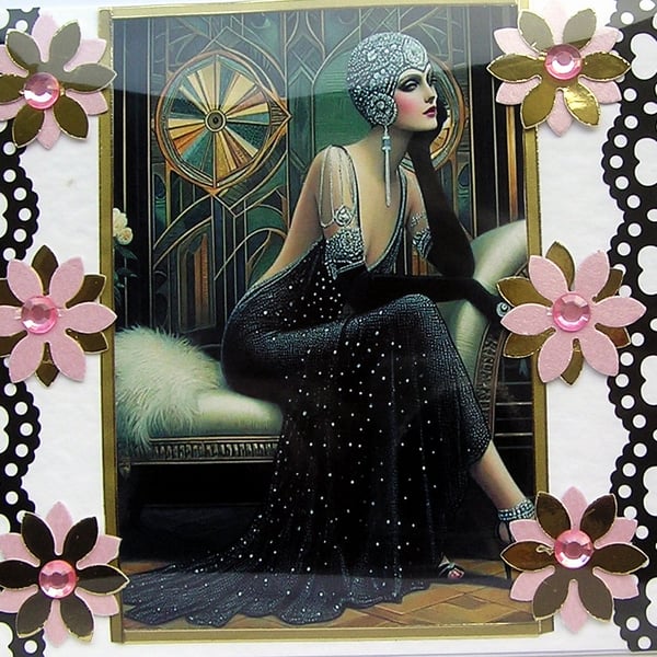 Art Deco Lady - Hand Crafted Decoupage Greeting Card - Blank 3004