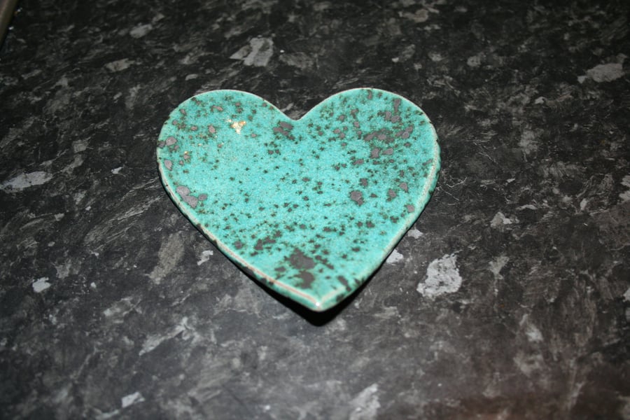 Handmade ceramic green Heart decoration with embossed valentine heart design