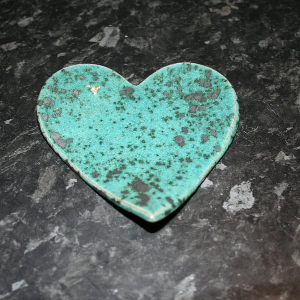 Handmade ceramic green Heart decoration with embossed valentine heart design