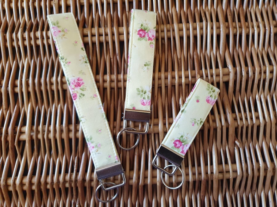 Pale Yellow Floral Fabric Keyring Fob Wristlet