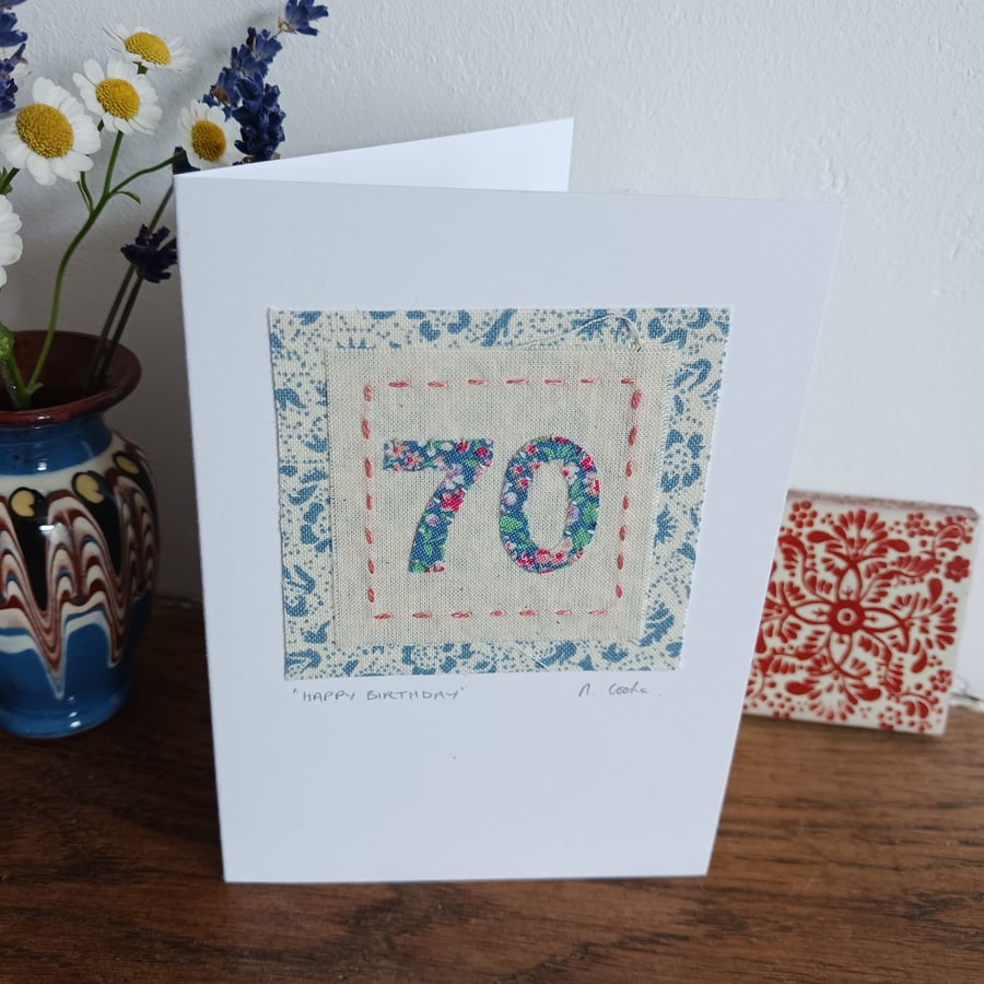 70th Vintage Fabric Birthday Card hand stitched - CLEARANCE