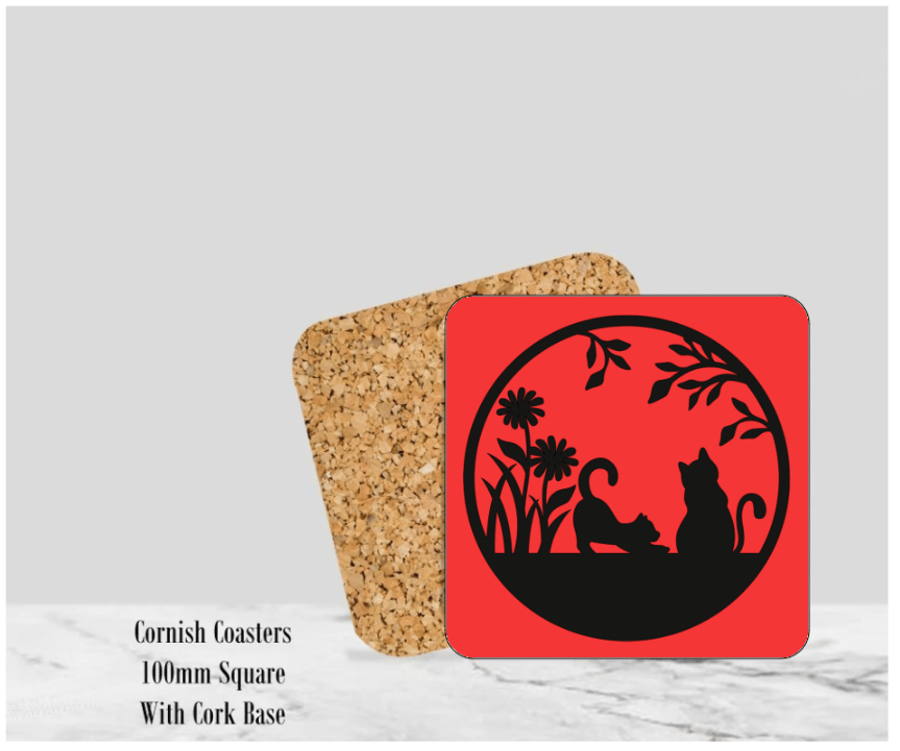 Red  Silhouette Cats Coaster 4" Square With Cork Base