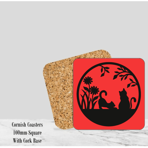 Red  Silhouette Cats Coaster 4" Square With Cork Base