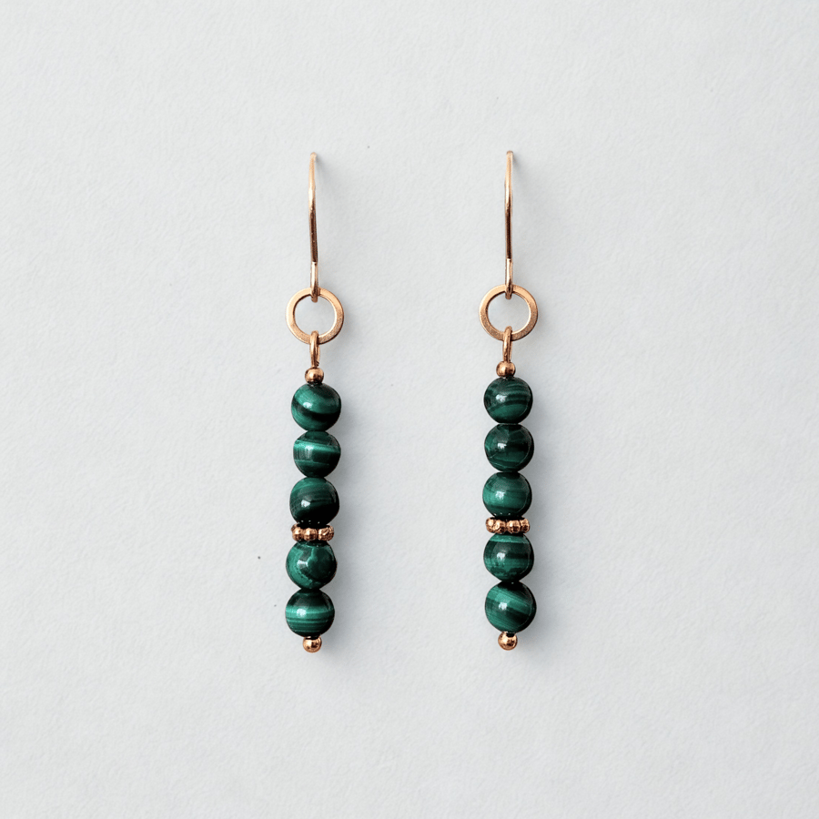 Earrings Malachite Bead Stone Dangle Drop Gold Stainless Steel Hypoallergenic