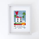 Personalised house portrait with text, small Giclee print
