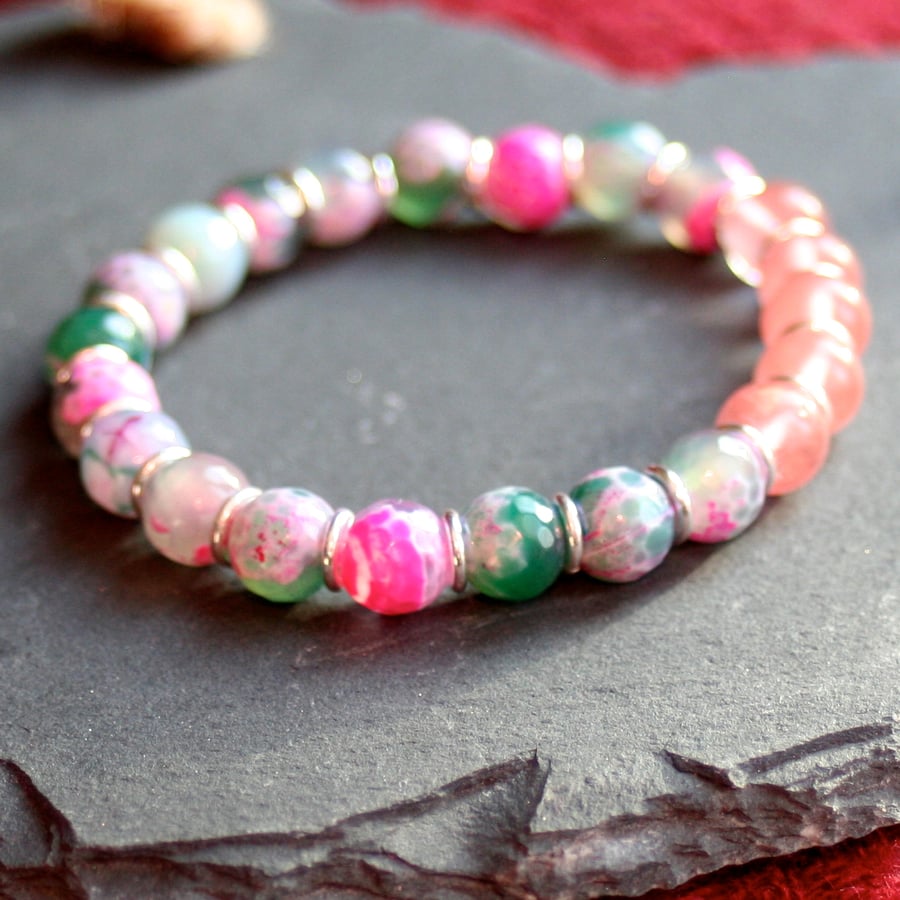 Spring-time fire agate and quartz bracelet