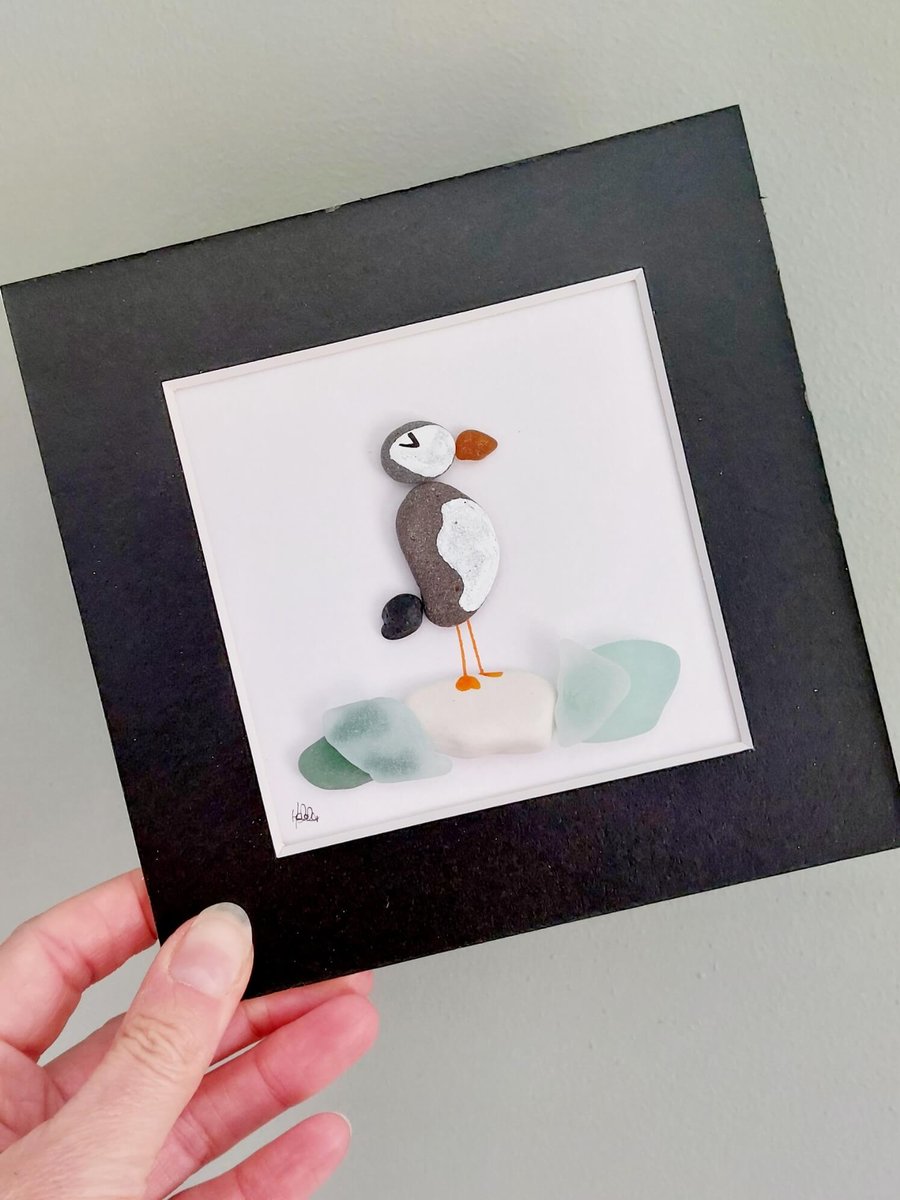 Puffin Sea Glass Wall Art, Framed Sea Glass & Pebble Art, Gift for Animal Lovers