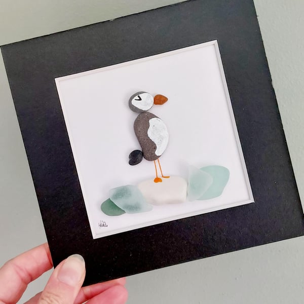 Puffin Sea Glass Wall Art, Framed Sea Glass & Pebble Art, Gift for Animal Lovers