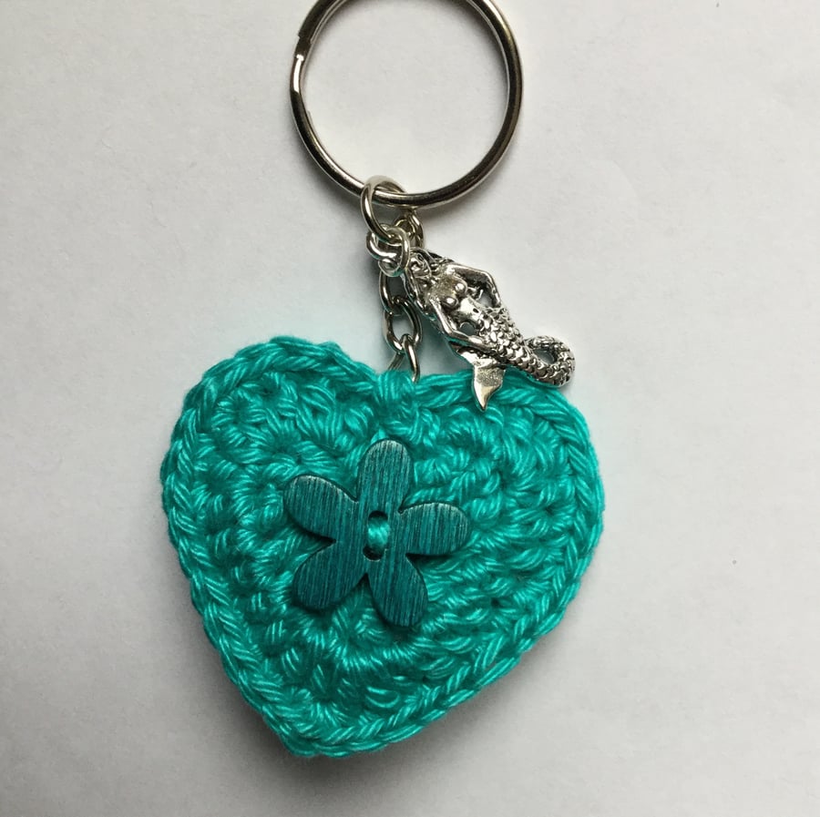 Crochet Heart Keyring Keychain Bag Charm in Turquoise with Mermaid
