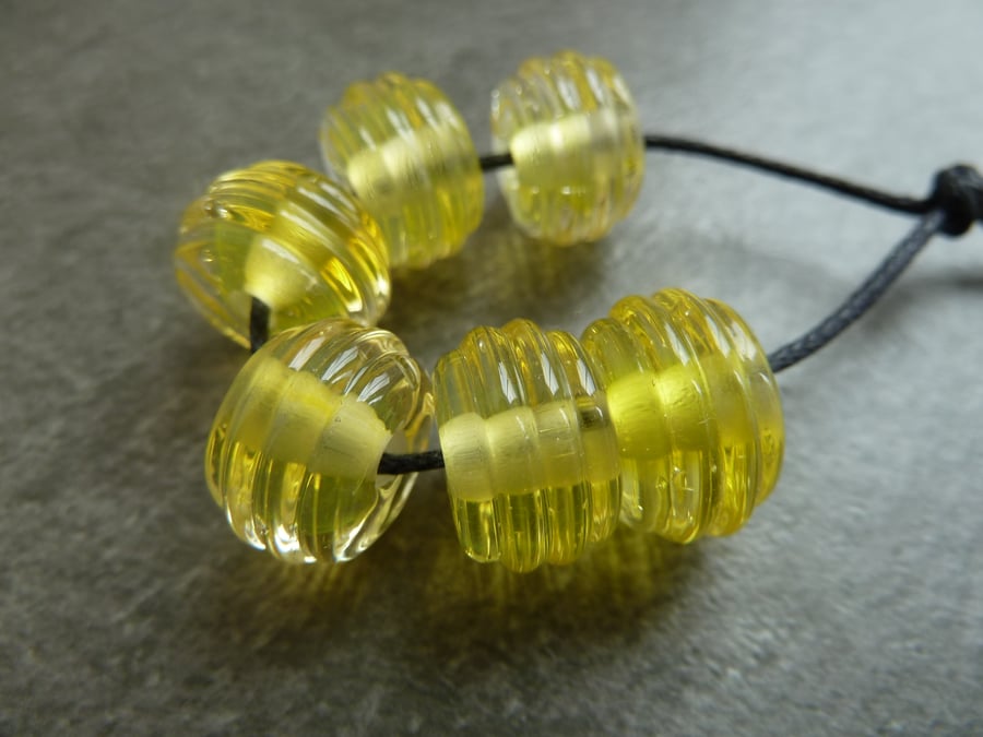 lampwork glass beads, yellow ribbed set