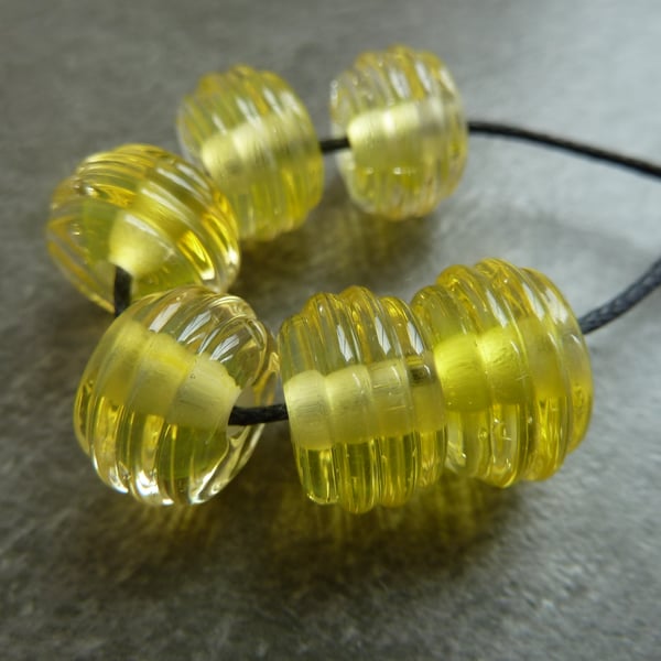 lampwork glass beads, yellow ribbed set