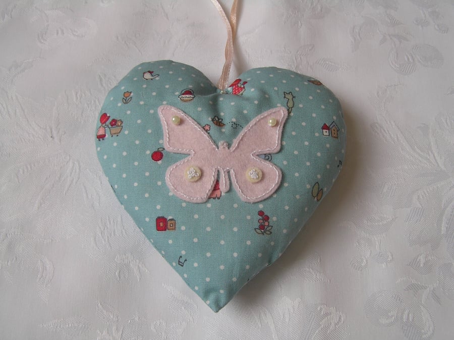 Hanging heart, lavender filled, blue fabric, butterfly design, embroidered