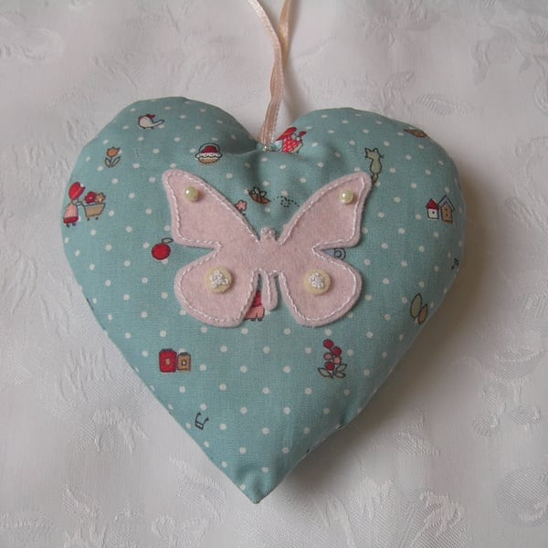 Hanging heart, lavender filled, blue fabric, butterfly design, embroidered