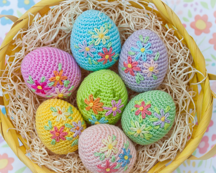 Easter Decorations 7 Eggs Crochet Cotton Embroidered Flowers Great Gifts