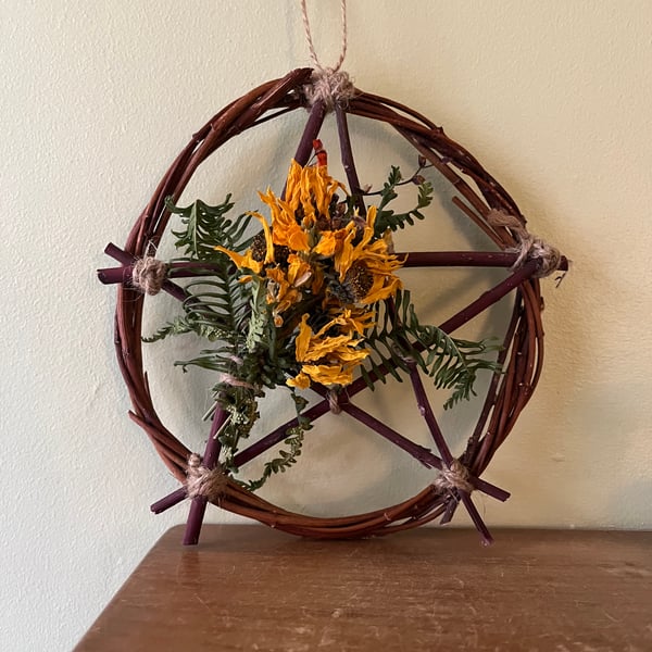 Dried Flower and Foliage Pentagram Decoration. 16cm Diameter.