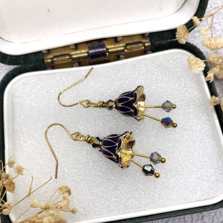Vintage Style Blue Enamel and Gold Flower Drop Earrings